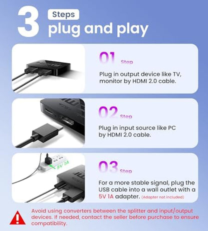 avedio links HDMI Splitter 1 in 2 Out [w/ 4 Ft Hdmi Cable]Not for Extended Display-Mirror Same Screen Only, 4K 1x2 HDMI Splitter 1 to 2 for 3D 1080P@60Hz, Copy 1 Source to 2 Displays at The Same Time