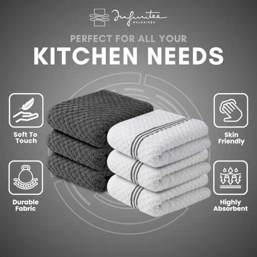 Infinitee Xclusives 100% Cotton Kitchen Towels - 15x25 Inch Ultra Soft Tea Towel, Super Absorbent Terry Dish Towels for Kitchen Linens |Grey|
