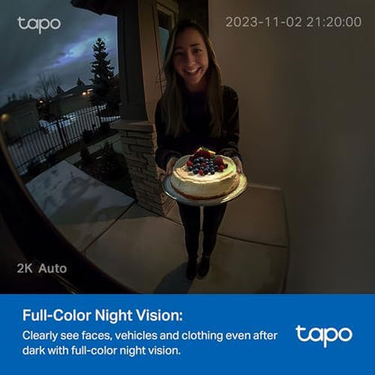 Tapo by TP-Link Smart Video Doorbell Camera Wireless with Chime, 2K with Full Color Night Vision & Spotlights, No Monthly Fee, Ring Call, 160° Ultra-Wide View, Free AI Detection, Local Storage,D210