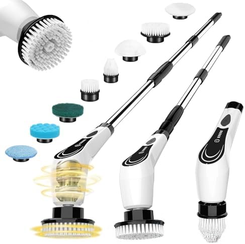 Electric Spin Scrubber, Cordless Cleaning Brush, Shower Scrubber with 8 Brush Heads, Power Scrubber Dual Speeds with Adjustable Extension Handle, IPX7 Waterproof for Bathtub Floor Tile Car-B