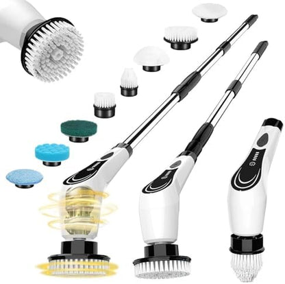 Electric Spin Scrubber, Cordless Cleaning Brush, Shower Scrubber with 8 Brush Heads, Power Scrubber Dual Speeds with Adjustable Extension Handle, IPX7 Waterproof for Bathtub Floor Tile Car-B
