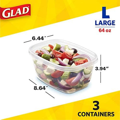 Glad GladWare Deep Dish Food Storage Containers, Large Rectangle - Meal Container Holds up to 64 Ounces of Food - Lock Tight Seal, 3 Count - 6 Pack