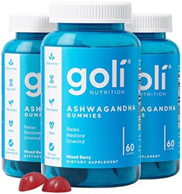 Goli Ashwagandha & Vitamin D Gummy - 180 Count - Mixed Berry, KSM-66, Vegan, Plant Based, Non-GMO, Gluten-Free & Gelatin Free Relax. Restore. Unwind, Pack of 3