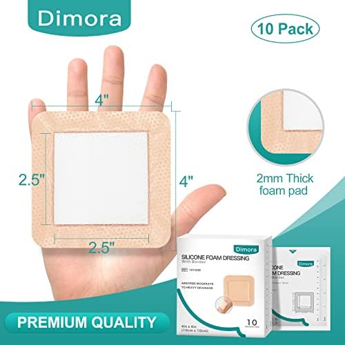 Dimora Silicone Foam Dressing with Border Adhesive 4"x4" Wound Dressing First Aid Bandage for Wound Care 10 Pack