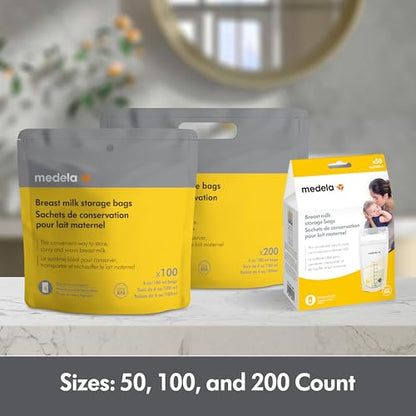 Medela Breastmilk Storage Bags, 200 Count, Ready to Use Breast Milk Storing Bags for Breastfeeding, Self Standing Bag, Space Saving Flat Profile, Hygienically Pre-Sealed, 6 Ounce