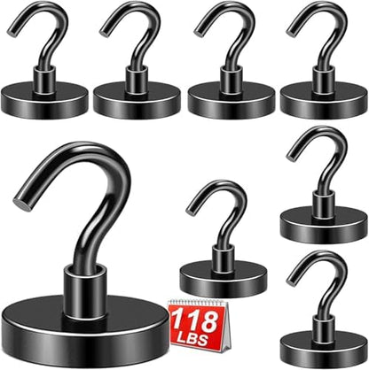 DIYMAG Black Magnetic Hooks, 118 LB Heavy Duty Strong Magnets with Hooks, Strong Rare Earth Neodymium Magnet Magnetic Hooks for Cruise Cabins Cruise Ship Essentials 8 Packs
