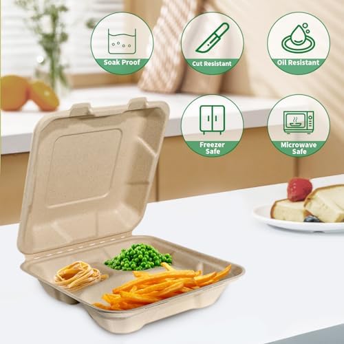 Aricsen Compostable 50 Pack 8x8 Inch 3 Compartment Takeout Lunch Box Containers with Lid, To Go Take Out Clamshell for Food, Disposable Eco-Friendly Biodegradable Bagasse, PFAS-Free, Unbleached Brown