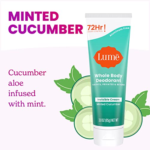 LUME Whole Body Deodorant - Invisible Cream Tube - 72 Hour Odor Control - Aluminum Free, Baking Soda Free, Skin Safe - 3.0 ounce (Pack of 2) (Minted Cucumber)