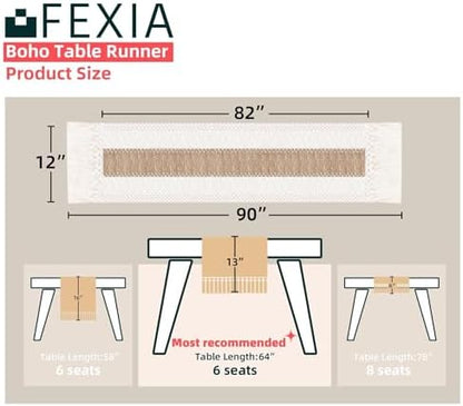 Fexia Boho Table Runner for Home Decor with Tassels 90 Inch Cream & Brown Macrame Runner for Dining & Bedroom Baby Bridal Shower Decor(12x90 Inches)