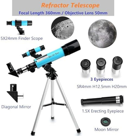 F360X50mm Telescope for Astronomy Beginners, Refractor with Tabletop Tripod & Finder Scope, Travel Telescope Includes 3 Magnification Eyepieces and Moon Mirror