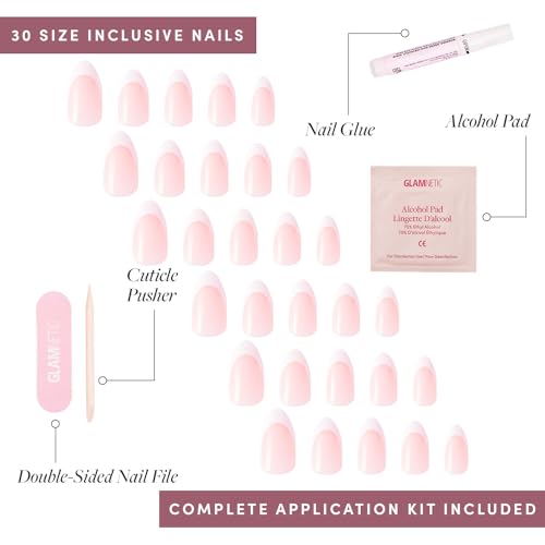 Glamnetic Press On Nails - MaDamn | White French Tip Fake Nails, UV Finish Short Pointed Almond Shape, Reusable Semi-Transparent in 12 Sizes - 24 Nail Kit with Glue
