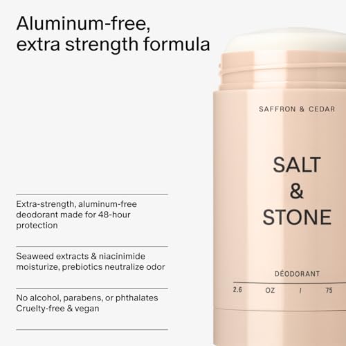 SALT & STONE Aluminum Free Deodorant | Extra Strength 48 Hour Protection for Women & Men | Made with Seaweed Extracts, Shea Butter & Prebiotics (Saffron & Cedar)