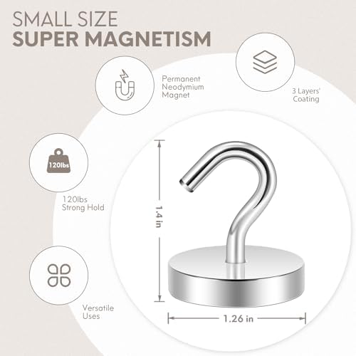 Neosmuk Magnetic Hooks, Cruise Ship Essentials, 120lb+ Heavy Duty Magnetic Hooks for Cruise Cabins, Refrigerator, Grill, Hanging, and Travel | Extra Strong Must-Haves Magnet Hook,Silver, Pack of 10