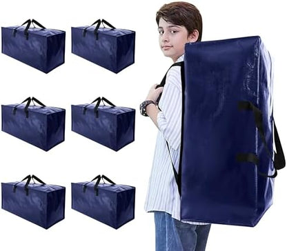 Heavy Duty Moving Bags with Backpack Straps and Strong Handles, Alternative to Moving Boxes and Storage Totes for Dorm Room Essentials, 6 Pack, Blue