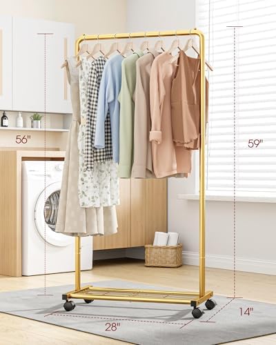 Clothes Rack - Clothing Rack with Storage Mesh Shelf & Casters, Heavy-Duty Metal Clothing Rack for Hanging Clothes, Dresses, Coats, Large Load Capacity, Easy Assembly, Gold, 28.0"x14.0"x59.0"