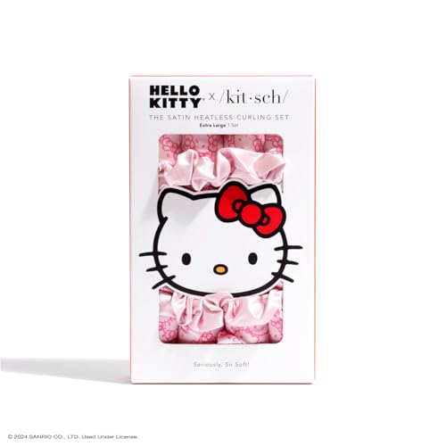 Hello Kitty x Kitsch Satin Heatless Hair Curler Set - Heatless Curls Overnight, Hair Rollers for Soft Curls & Frizz-Free Styling, No Heat Curlers To Sleep in, Curling Rod Headband - Pink Kitty Faces