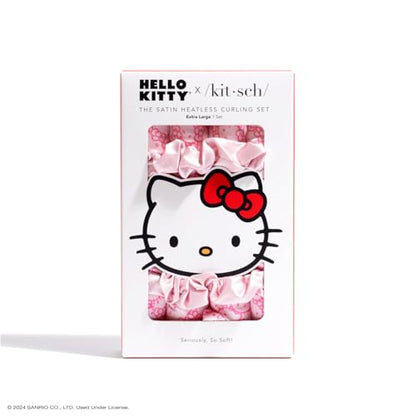Hello Kitty x Kitsch Satin Heatless Hair Curler Set - Heatless Curls Overnight, Hair Rollers for Soft Curls & Frizz-Free Styling, No Heat Curlers To Sleep in, Curling Rod Headband - Pink Kitty Faces