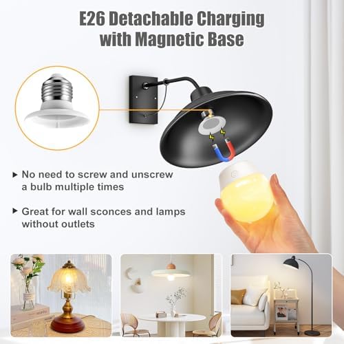 Brightown E26 Rechargeable Light Bulb with Remote Timer and 3 Color Temperatures, Battery Backup Bulb for Sconces and Lamps, E26 Detachable Charging for Non-Hardwired Fixture, Dimmer, 700LM