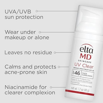 EltaMD UV Clear Face Sunscreen SPF 46, Oil-Free Sunscreen with Zinc Oxide, Dermatologist Recommended
