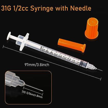 U-100 0.5 ml Syringe with Needle, 31G 5/16" 8mm 1/2cc Syringes, Disposable Individual Package, Pack of 100