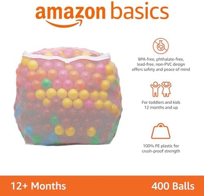 Amazon Basics BPA Free Crush-Proof Plastic Ball, Pit Balls with Storage Bag, Toddlers Kids 12+ Months, Pack of 400 Balls, 6 Bright Colors