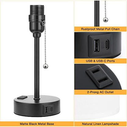 Small Bedside Table lamp for Bedroom - 3 Color Temperatures Bedside Lamps with USB C and A Ports, Pull Chain Table Lamps with AC Outlet, White Nightstand Lamps with Black Metal Base for Kids Reading