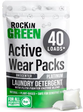 Rockin' Green Laundry Detergent Pods, Plant-based, All Natural, Vegan & Biodegradable Odor Fighter, Safe for Sensitive Skin (Unscented, Active Wear 40 Pods)