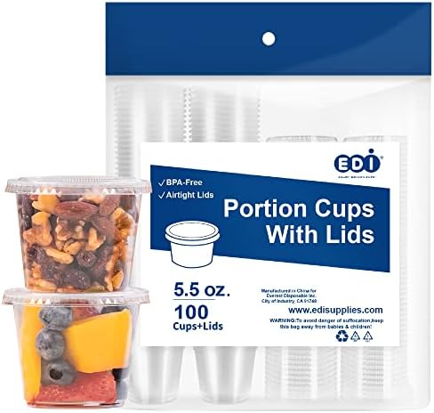EDI [5.5 OZ, 100 Sets] Clear Disposable Plastic Portion Cups with Leakproof Lids | Jello Shot Condiment and Dipping Sauce Cups | Souffle Cups | BPA Free | Recyclable