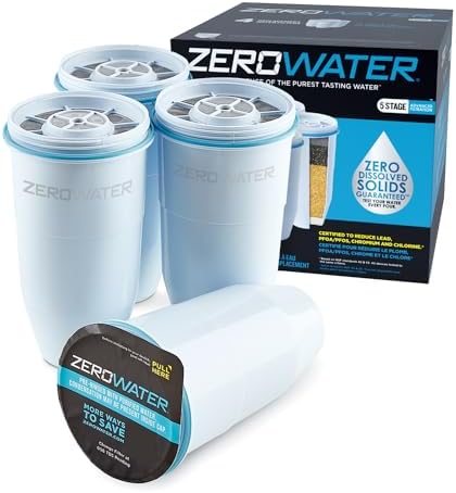 Culligan ZeroWater Official Replacement Filter - 5-Stage 0 TDS Filter Replacement - System IAPMO Certified to Reduce Lead, Chromium, and PFOA/PFOS, 4-Pack