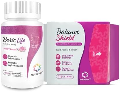 NutraBlast Boric Acid Vaginal Suppositories 600mg (30 Count) Bundle with Balance Shield Panty Liners (180mm, 20-Pack) | Discharge & Odor-Proof Layers | Charcoal-Infused Bamboo Balancing Core