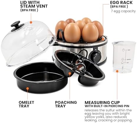 Elite Gourmet EGC724SS Easy Electric Poacher, Omelet Eggs & Soft, Medium, Hard-Boiled Egg Boiler Cooker with Auto Shut-Off and Buzzer, Measuring Cup Included, BPA Free, 7, Stainless Steel