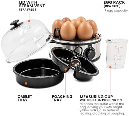 Elite Gourmet EGC724SS Easy Electric Poacher, Omelet Eggs & Soft, Medium, Hard-Boiled Egg Boiler Cooker with Auto Shut-Off and Buzzer, Measuring Cup Included, BPA Free, 7, Stainless Steel