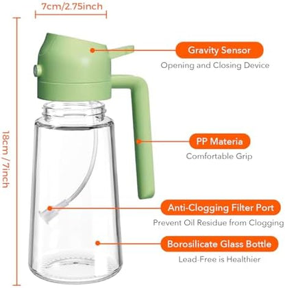 YARRAMATE Olive Oil Dispenser, 2 in 1 Oil Sprayer for Cooking, 16oz/470ml Glass Oil Spray Bottle with Pourer, Food-grade Oil Dispenser and Oil Sprayer for Kitchen, Salad, Frying, BBQ (Black & Green)