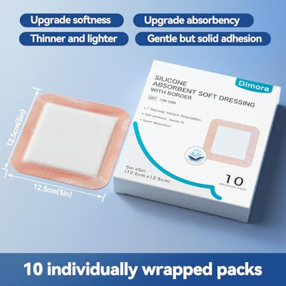 Dimora Silicone Super Absorbent Wound Dressings - Gentle Adhesive Bandages with Ultrasorb Polymer,Heavy Exudate Wound Care Pads 5"X 5" 10 Packs