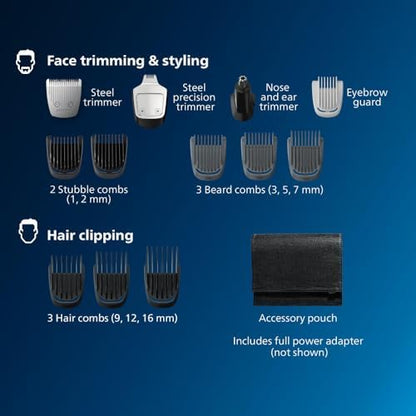Norelco Philips Multigroom 3000 Series, All-in-One Trimmer, Beard Trimmer and Hair Clipper, 15-Piece Men's Grooming Kit for Head, Beard, Face, Nose, Ears, No Blade Oil Needed, Soft Pouch, MG3770/40