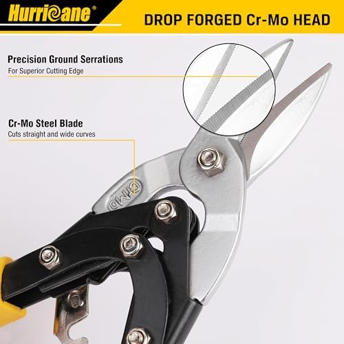 HURRICANE 10 Inch Aviation Tin Snips, Cr-Mo Aviation Snips for Cutting Metal Sheet, Heavy Duty Sheet Metal Cutter Shear, Straight Cut, High Leverage Aviation Snip, Up to 40% Labor Saving