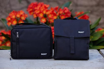 PackIt Freezable Lunch Bag, Black, Built with EcoFreeze Technology, Foldable, Reusable, Zip and Fold Closure with Buckle Handle, Perfect for School and Office Lunches