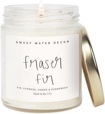 Sweet Water Decor Fraser Fir Candle - Evergreen, Cedar, Winter Holiday Scented Soy Christmas Candles for Home - 9oz Clear Jar, 40 Hour Burn Time, Made in The USA
