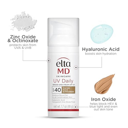 EltaMD UV Daily SPF 40 Tinted Face Sunscreen Moisturizer, Tinted Moisturizer for Face with SPF, Great for Dry, Combination, and Normal Skin