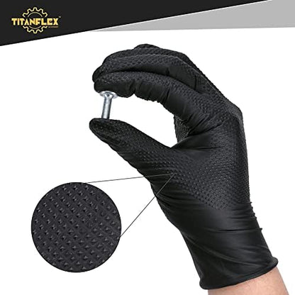 TitanFlex Thor Grip Heavy Duty Black Industrial Nitrile Gloves with Raised Diamond Texture, 8-mil, Latex Free