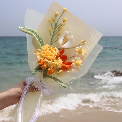 Crochet Flower Bouquet Golden Peonies Tulip - Retirement, Birthday, Graduation & Father's Day Gift - Eco-Friendly Hypoallergenic Florals Handmade by Artisan Moms