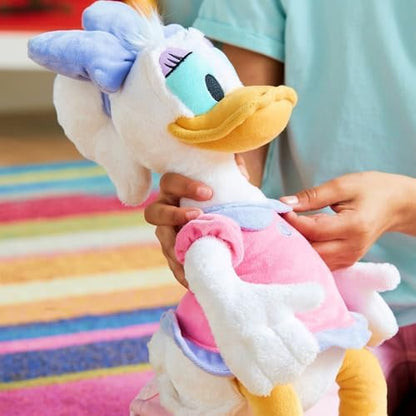 DISNEY STORE Official Daisy Duck Medium Soft Toy for Kids, Cuddly Character with Fuzzy Texture and Embroidered Details in Pink and Purple Dress, Disney Plushy Suitable for All Ages.