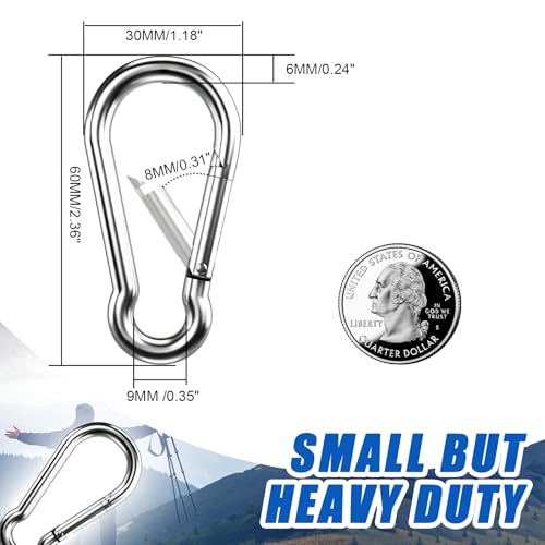 Small Carabiner Clip Hooks, 15pcs 2.36 inch Carabiners Heavy Duty, 304 Stainless Steel Spring Snap Hook Fits Camping Hiking, Metal Clips for Rope Chain Keys Rings
