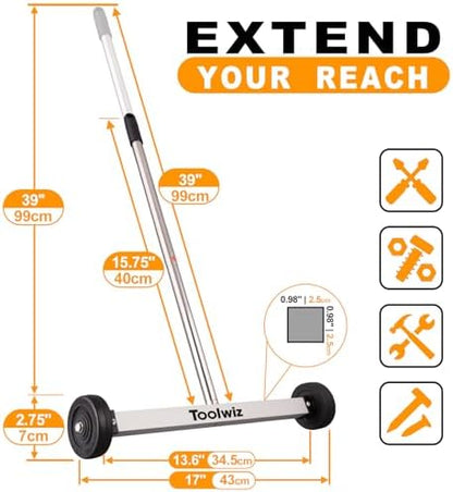 Toolwiz Magnetic Pick Up Sweeper 17-inch Heavy Duty Magnet Pickup Lawn Sweeper Roofing Tools, 8.8 Lbs Yard Magnet with Telescoping Holder and Wheels to Pick Up Nails Magnetic Sweeper for Construction