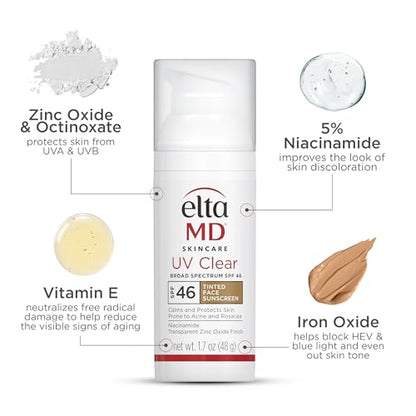 EltaMD UV Clear Tinted Face Sunscreen, SPF 46 Oil- Free with Zinc Oxide, Dermatologist Recommended