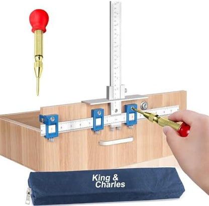 Cabinet Hardware Jig, King&Charles Metal Cabinet Handle Jig with Automatic Center Punch, Perfect Set - Avoid Jitter Caused by Direct Drilling, Use for Handles and Pulls on Drawers/Doors.