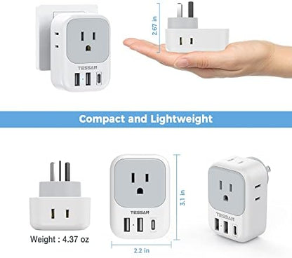 Australia New Zealand Power Adapter, TESSAN Type I Travel Adaptor with 4 American Outlets 3 USB Charger (1 USB C Port), Plug for US to Australian China Argentina Fiji Cook Islands AU