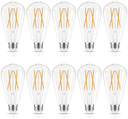 LED Edison Bulbs Dimmable, E26 Bulb 60 watt Equivalent, Soft White 2700K, ST58 Vintage Light Bulbs, 90+ CRI, 6W 600LM, E26 Medium Base, Clear Glass, 10 Pack