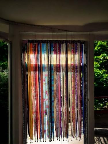 Mango Gifts Old Silk Sari Multicolor Ribbon Doorway Curtain Hippie Bohemian Room Divider Light-Filtering Boho Curtains Rod Pocket Window Drape for Livingroom Bedroom 85 x 45 Inch