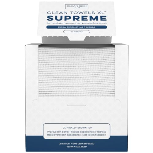 Clean Skin Club Clean Towels XL™ Supreme, 100% USDA Biobased Face Towel, Disposable Face Towelette, Eczema Association Accepted, Makeup Remover Dry Wipes, Ultra Soft, 50 Ct, 1 Pack